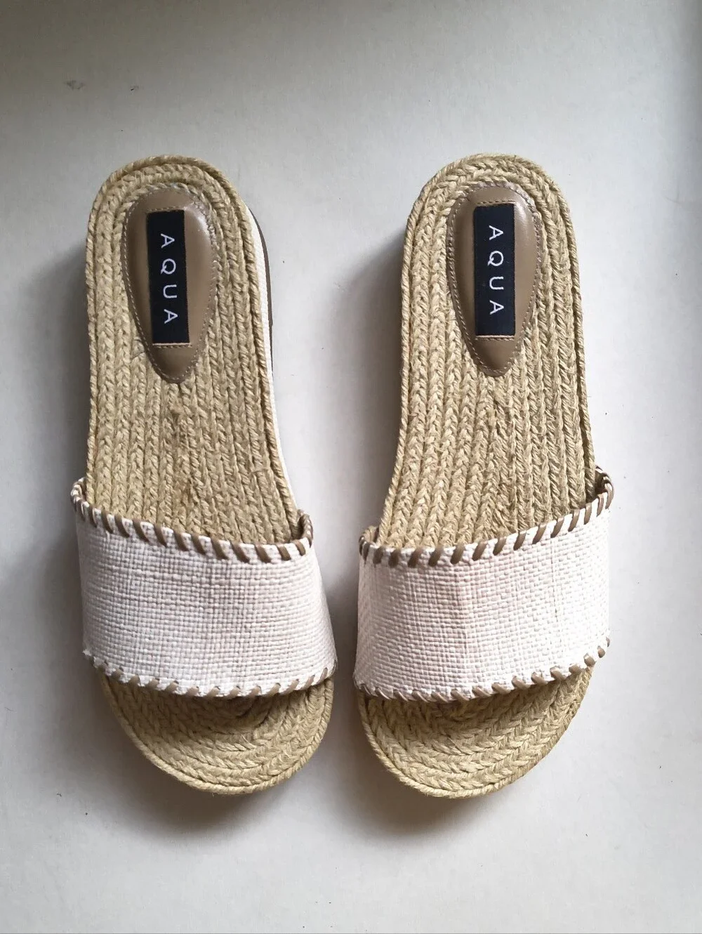 AQUA Cream Woven Espadrille Slide Sandal Whipstitch Platform Size 8.5B NWT